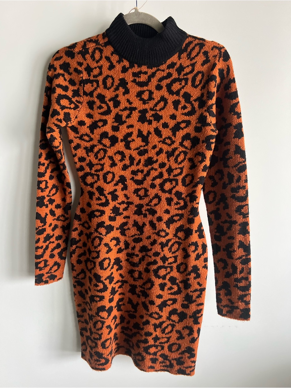 Leopard Print Orange & Black Knit Dress - Turtleneck Sweater Dress
